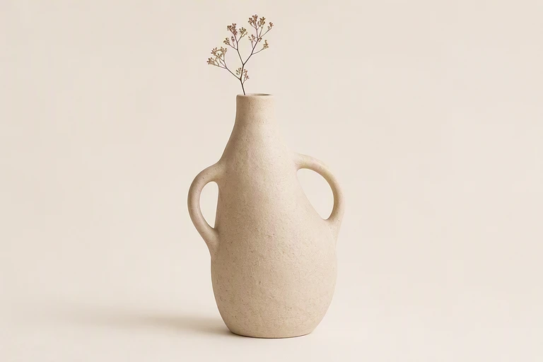 A hand-shaped ivory stoneware vase, with an organic silhouette and dried stems