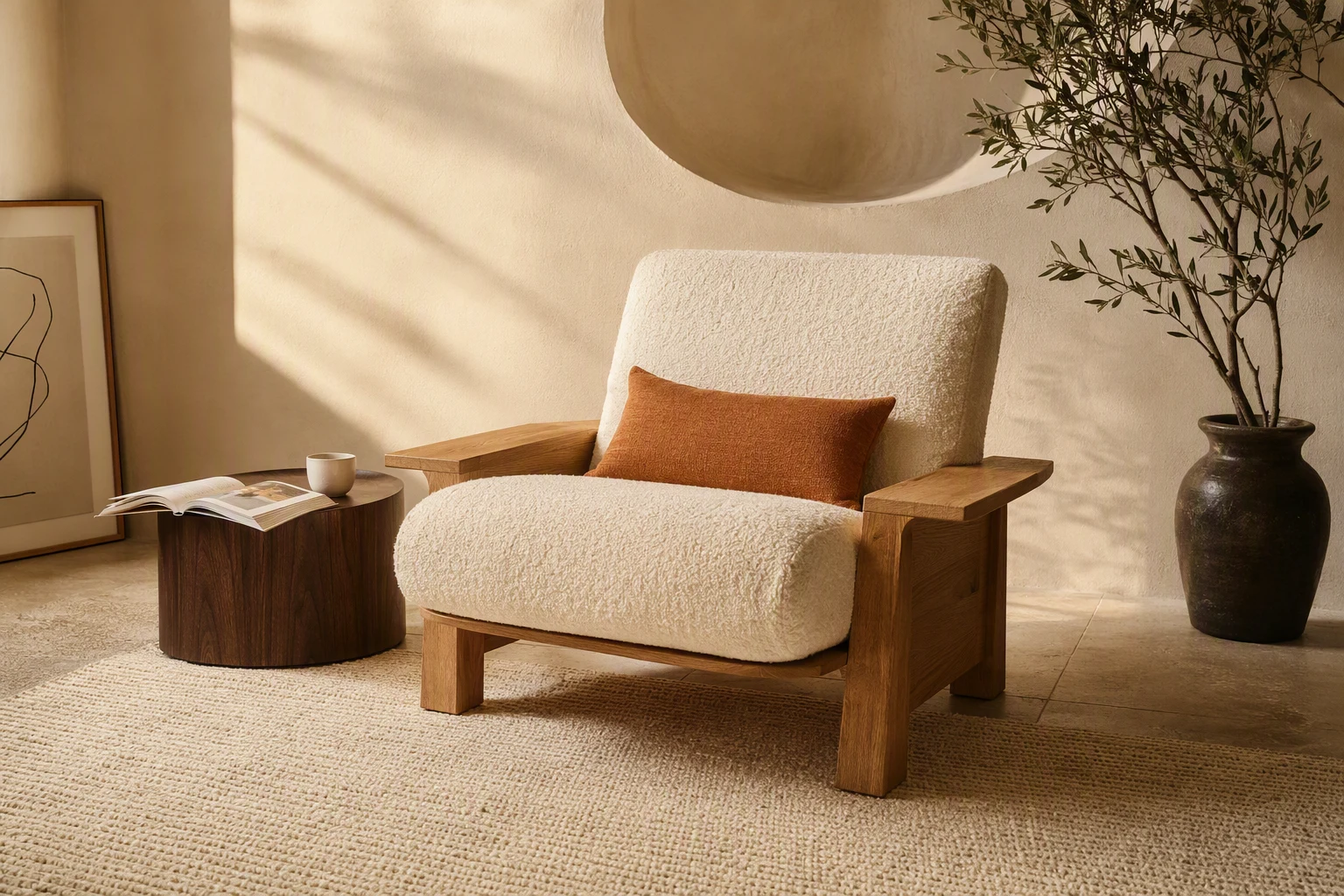 Sunlight falling across a soft ivory lounge chair, walnut table, and olive branches in a warm, quiet interior